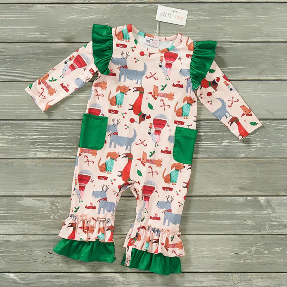 We Woof You a Merry Christmas Ruffle Romper PETE + LUCY Winter Holiday 0-3 NEW - Picture 1 of 7